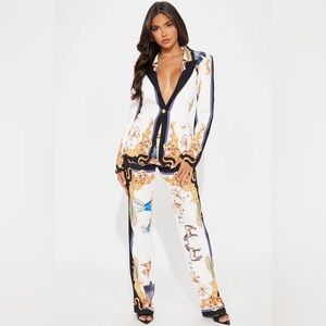 NWT Fashion Nova Royal Night Satin Pant Set Ivory/Combo